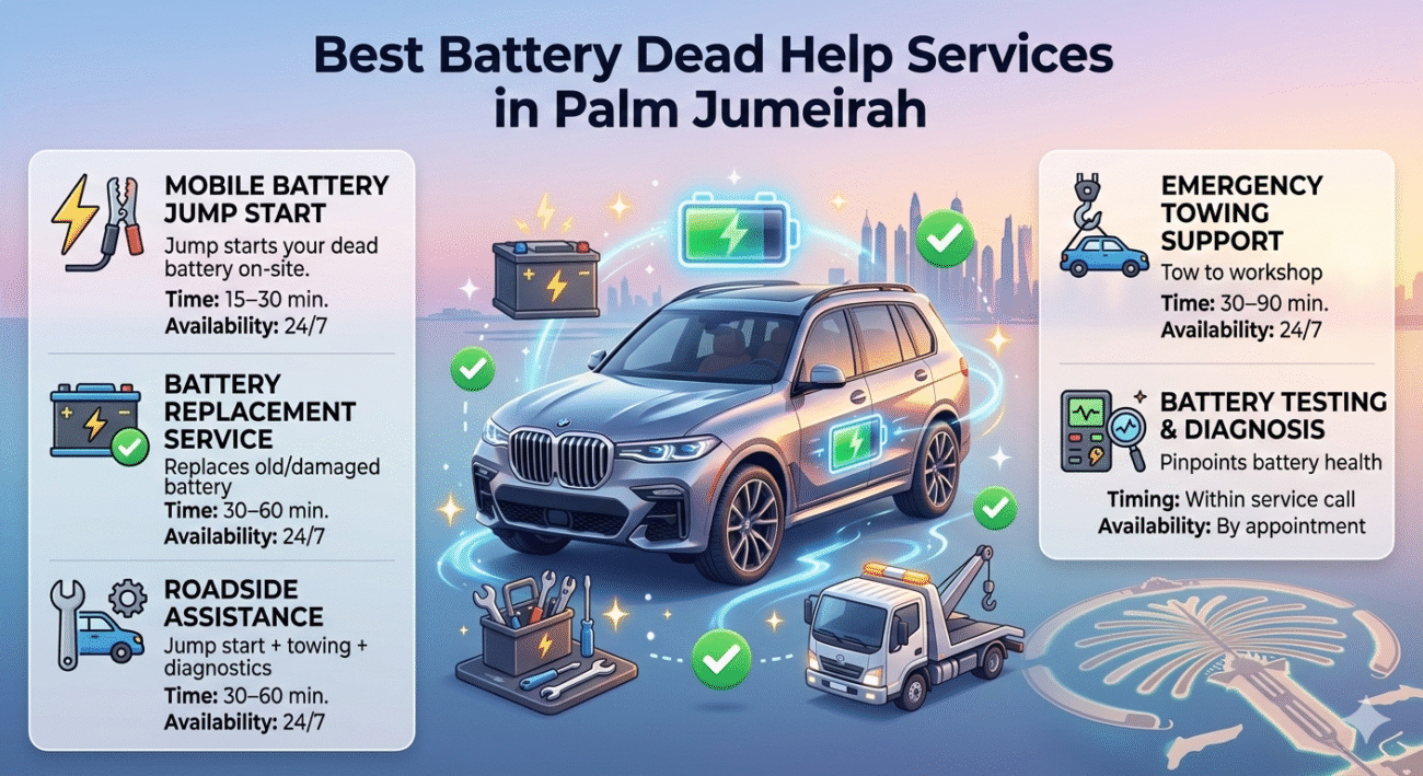 “Infographic-style user guide image showing best battery dead help services in Palm Jumeirah, with animated vehicle in center and key services displayed on sides.”