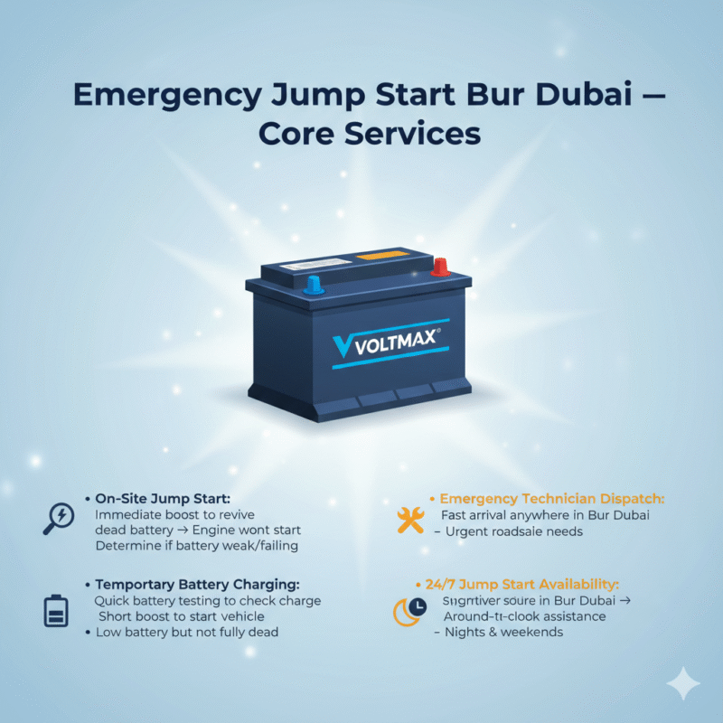 “Animated-style feature image showing core services for emergency jump start in Bur Dubai, title on top, premium battery in center, services displayed on sides with icons.”