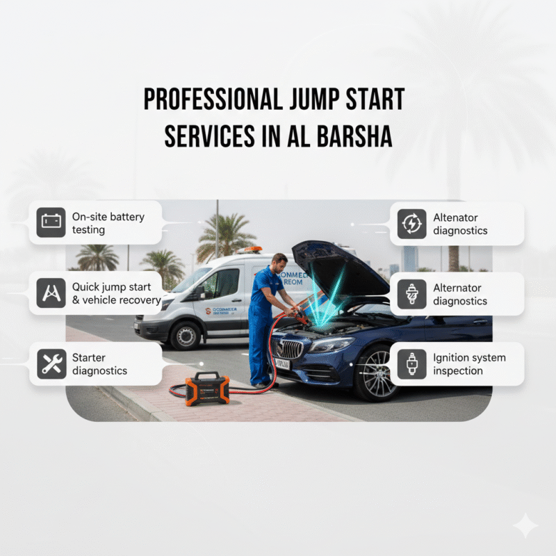 "Professional roadside technician performing a jump start on a luxury car with animated panels listing battery testing, recovery, and diagnostic services in Al Barsha."