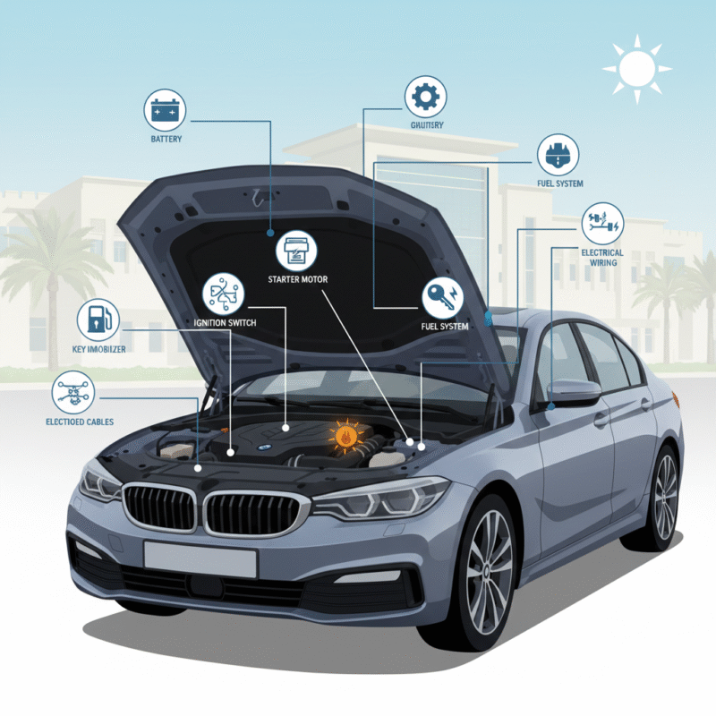Infographic showing causes of car not starting in Dubai school pickup area with labeled vehicle parts
