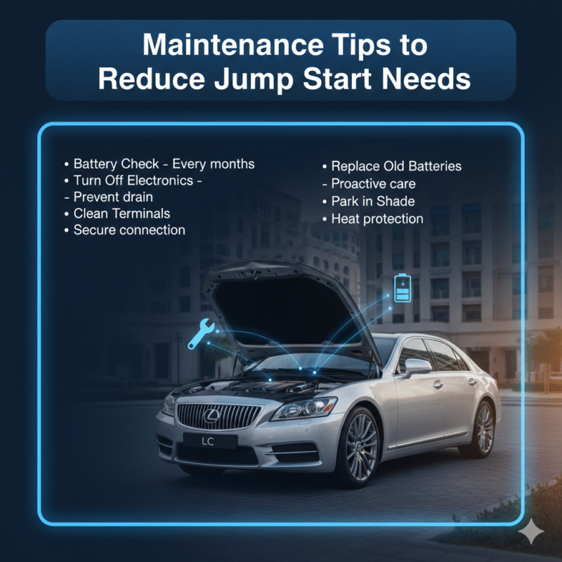 "Premium car maintenance guide image with top title, side preventive tips, and luxury car in shaded Dubai environment with animated highlights."