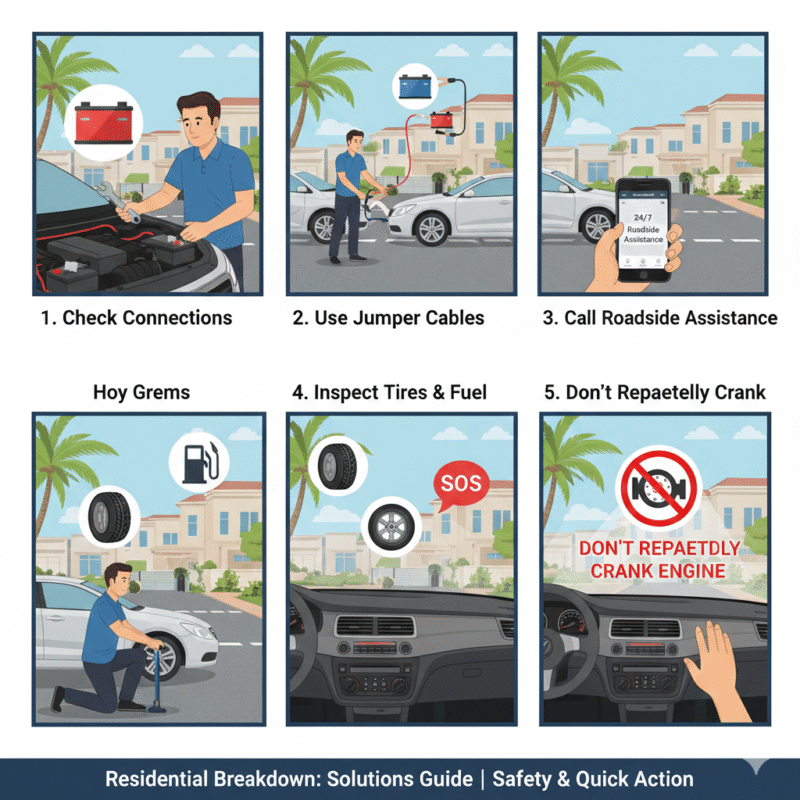 Illustration of a Dubai resident performing immediate solutions for a car stranded in a residential area, including jump start, battery check, roadside assistance call, and tire/fuel inspection