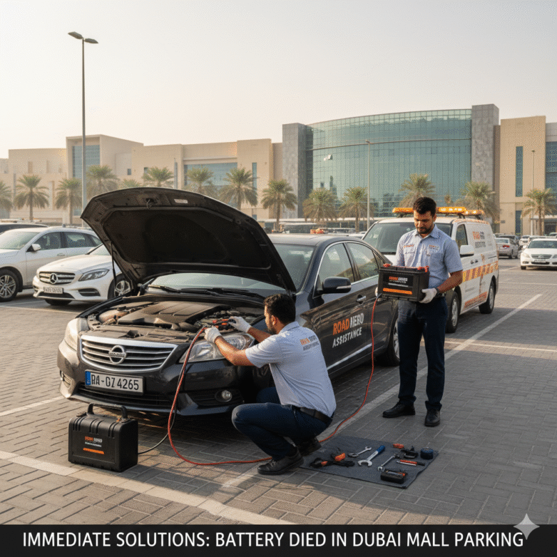 Car battery dead in Dubai mall parking, technician using jumper cables, mobile battery replacement being prepared, roadside assistance van nearby, clear mall environment.