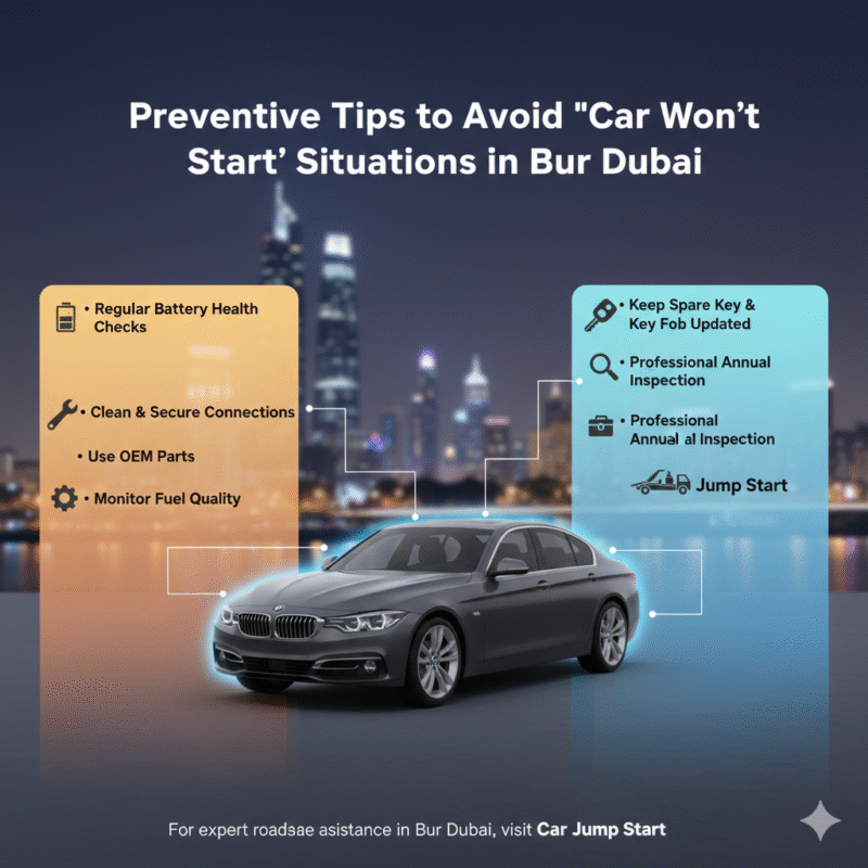 Infographic-style image showing preventive tips to avoid “Car Won’t Start” situations in Bur Dubai. Title “Preventive Tips to Avoid ‘Car Won’t Start’ Situations” at the top. Side bullet points show battery checks, clean connections, OEM parts, fuel monitoring, spare key updates, and annual inspections. Central car illustrated with animated icons for battery, spark plugs, fuel, and key fob.