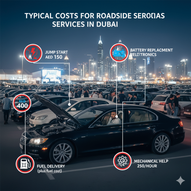 Infographic showing roadside service costs for jump start, battery replacement, fuel delivery, and mechanical help for car stranded after Dubai events