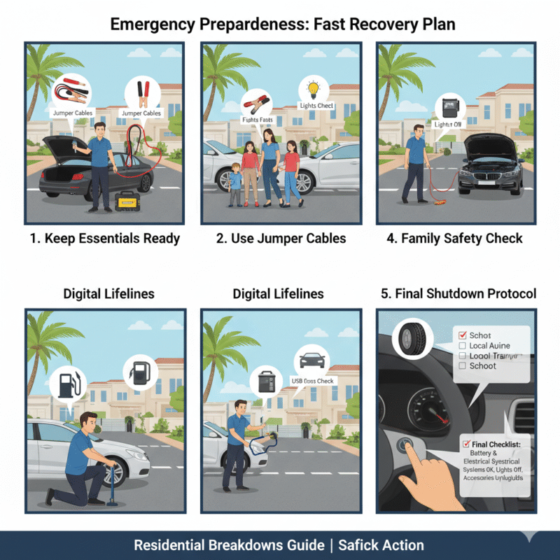 Illustration showing jumper cables, roadside assistance contacts, battery inspection, and family checking vehicle to prevent or recover from a car stranded in a Dubai residential area