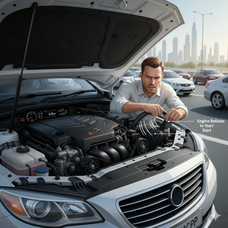 Car dashboard and engine showing flickering lights, engine won’t start, and warning signs of car stuck before appointment Dubai