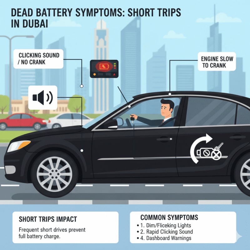 Infographic showing a car with slow engine crank, dim dashboard lights, clicking ignition, and battery warning icon due to battery died after short trips in Dubai
