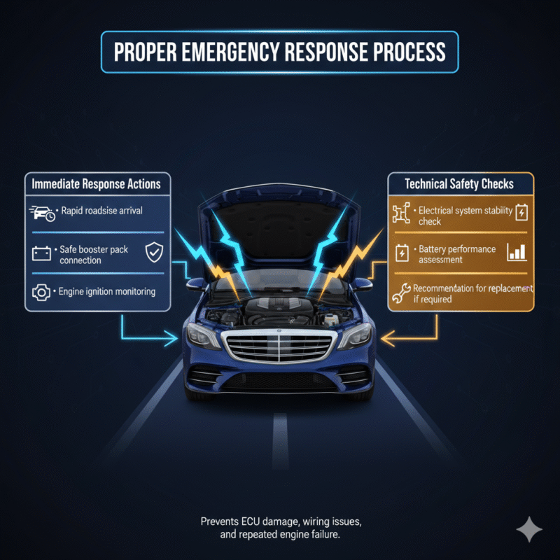 Professional infographic titled “Proper Emergency Response Process” showing emergency steps on both sides and a luxury branded vehicle in the center connected with animated diagnostic arrows and safety icons.