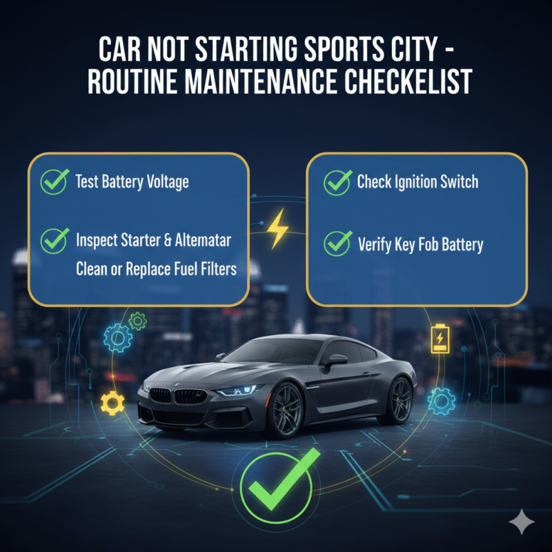 "Routine maintenance checklist for preventing car not starting issues in Sports City, with bullet points on sides and an animated central car illustration."