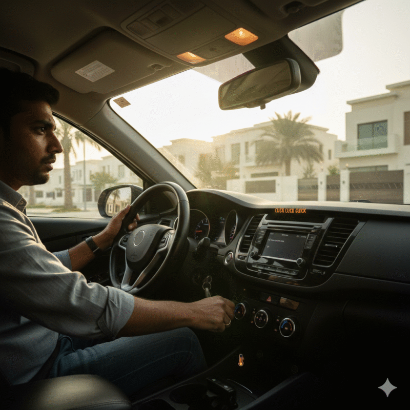 Car interior with dim dashboard, clicking ignition, fading lights, showing early signs of battery drained in hot weather Dubai.