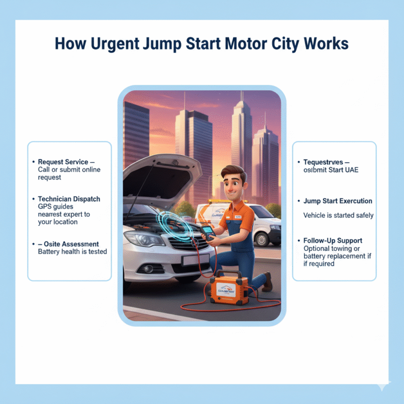 "Animated 3D illustration showing a technician performing urgent jump-start workflow in Motor City, with side spaces for step-by-step points and Car Jump Start UAE branding."