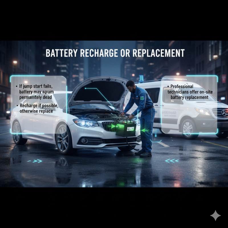 Infographic showing car battery recharge or replacement with professional roadside service and key steps highlighted