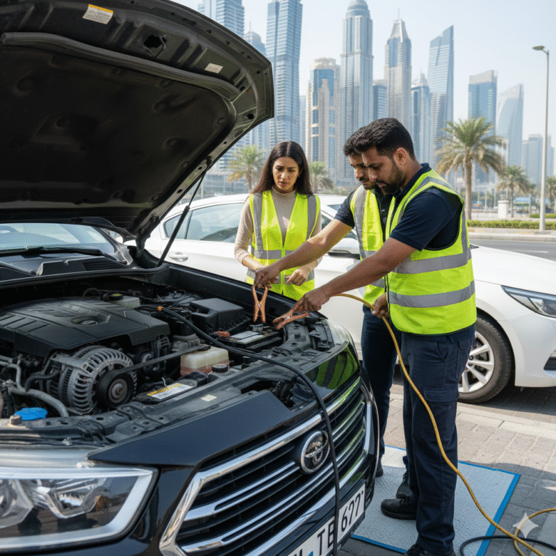 Dubai Marina SUV jumpstart failure with low donor battery, corroded terminals, thin jumper cables, and alternator problem being inspected by professionals