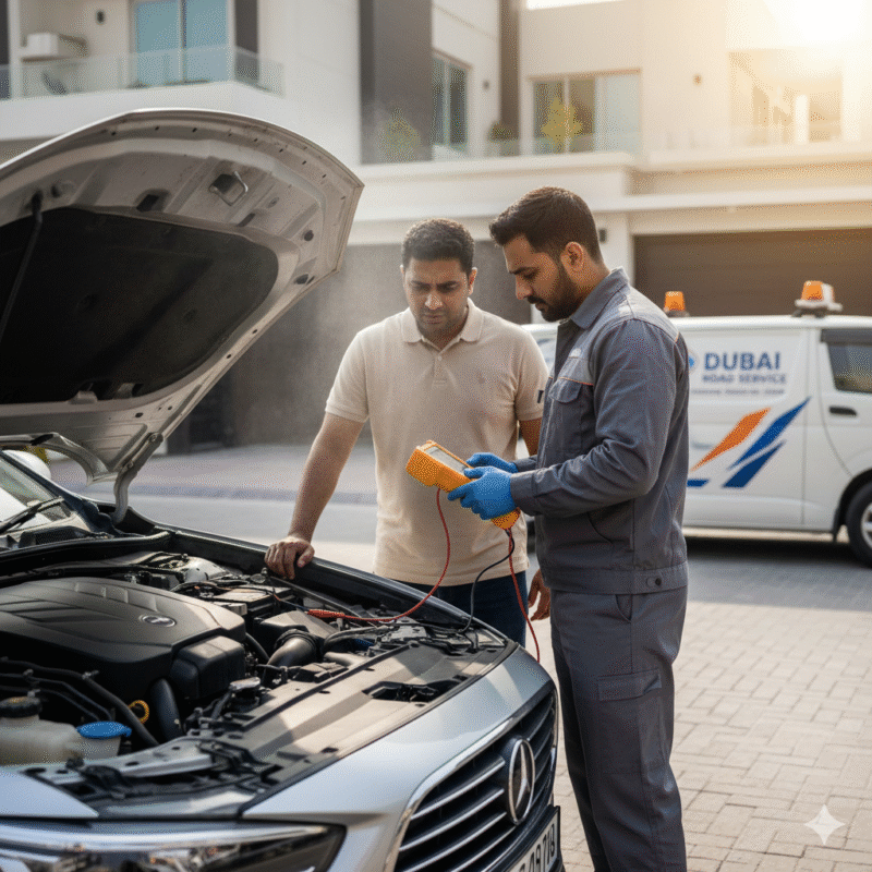 Roadside diagnostic testing of a car battery and alternator in Dubai heat, preventing battery drained in hot weather Dubai.