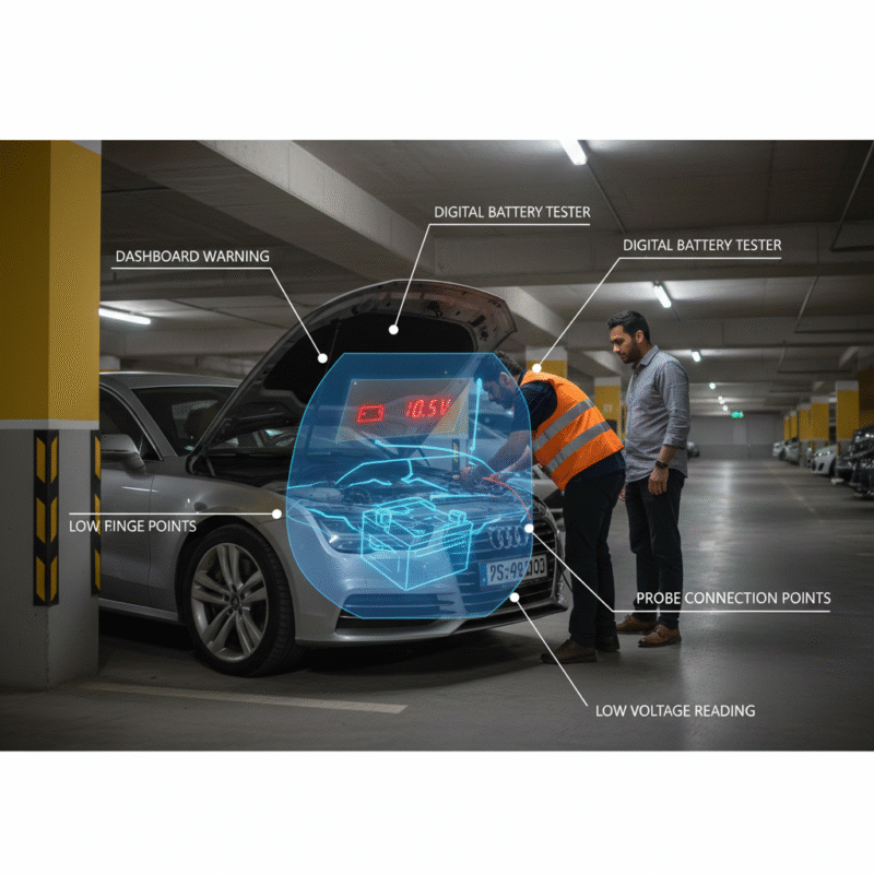 Testing Car Battery Health After Restart Technician testing a car battery in an underground Dubai garage after a jump start.