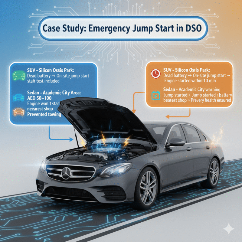 Feature image of “Case Study: Emergency Jump Start in DSO” showing title at the top, case study points listed on the sides, and a realistic branded car in the center. Animated infographic elements connect the points to the car.