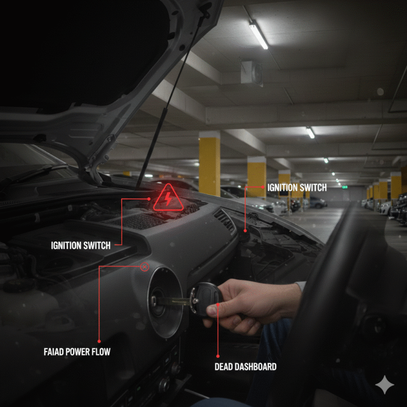 Checking Basic Electrical Response for Dead Car Driver checking a dead car’s electrical response by turning the ignition in an underground Dubai garage.