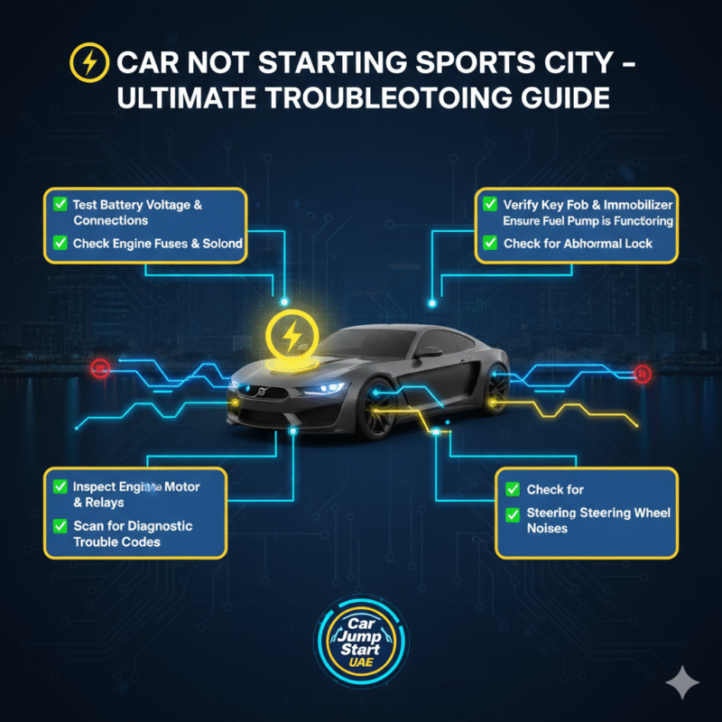 "User guide illustration with title at top, key points on sides, and a central animated car illustration highlighting main steps."