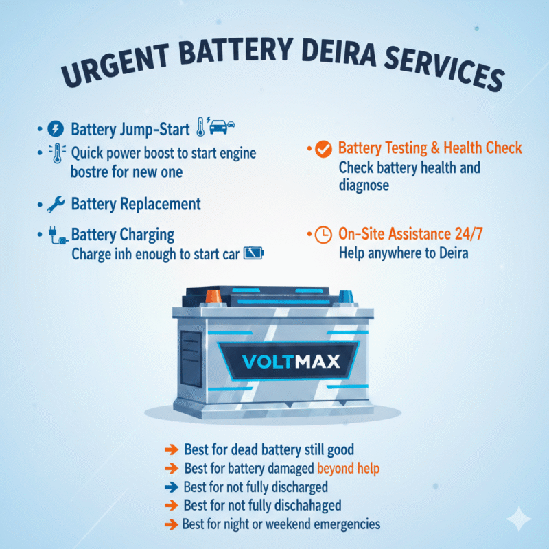 “Animated-style feature image showing Urgent Battery Help Deira Services, title on top, premium car battery in center, core service points displayed on sides with icons.”