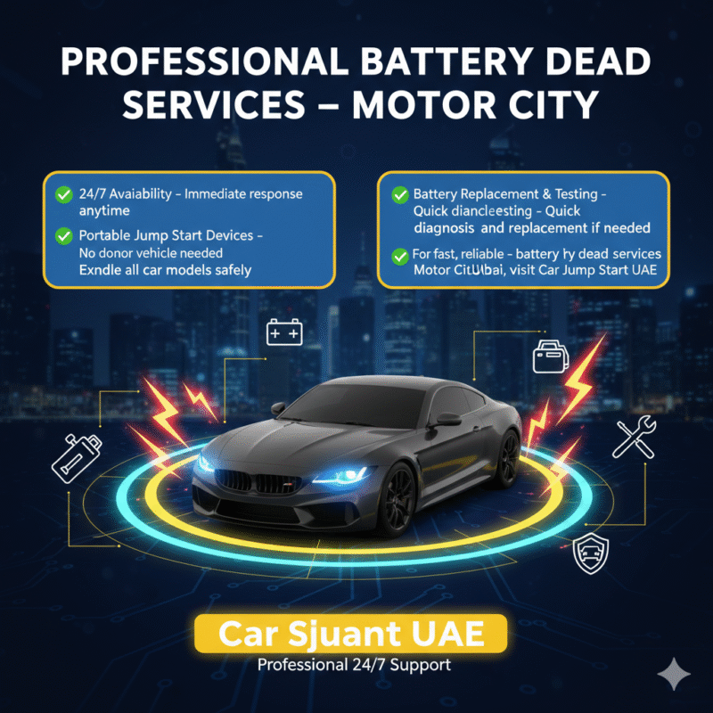 "Professional battery dead services in Motor City Dubai showing bullet points on sides and a central animated car illustration with electrical and service icons."