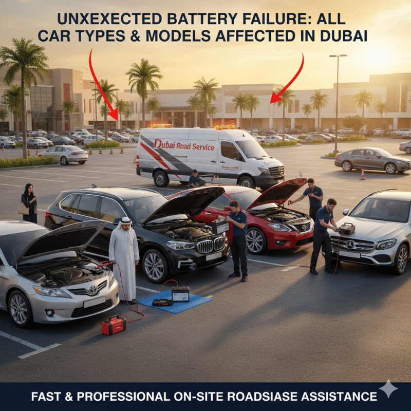 Toyota Camry being jump-started, BMW X5 receiving battery replacement, Nissan Altima checked for alternator malfunction, Mercedes GLC getting portable battery recharge in Dubai parking, demonstrating battery failed unexpectedly Dubai.