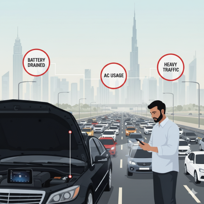 Illustration of a car stranded in traffic on Sheikh Zayed Road, Dubai, with AC running and battery drained, driver waiting for roadside assistance