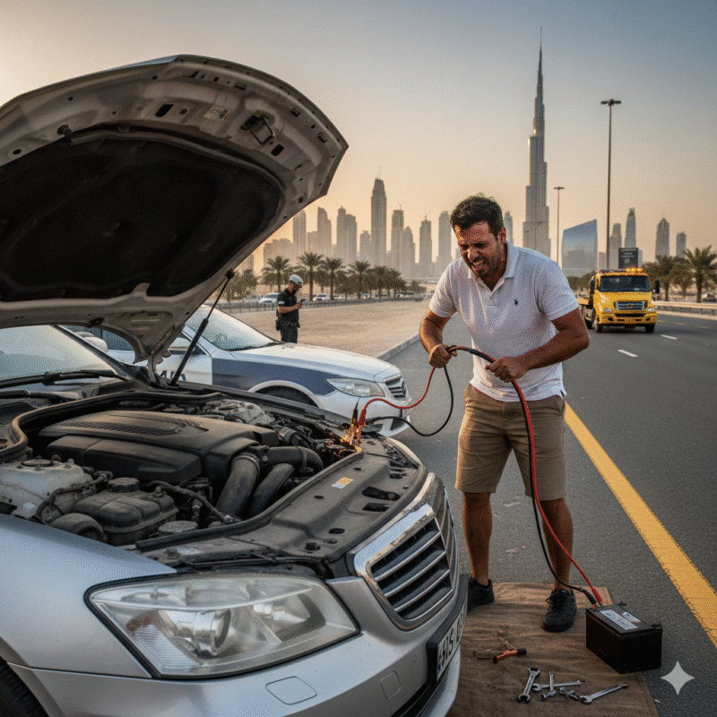 Dubai driver attempting jumpstart but car not starting with open hood and jumper cables