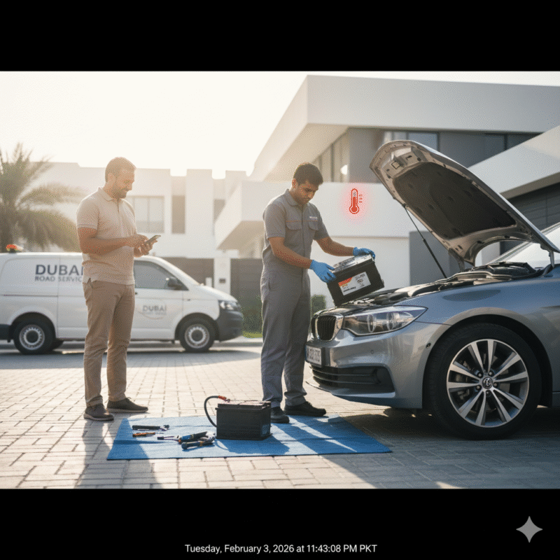 Mobile battery replacement on a car in Dubai driveway, addressing a battery drained in hot weather Dubai.