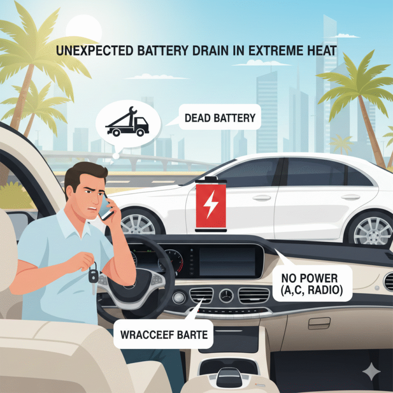 Car parked under Dubai sun with battery drained, dashboard dim, electronics off, driver calling roadside assistance, illustrating battery drained while waiting Dubai 2026