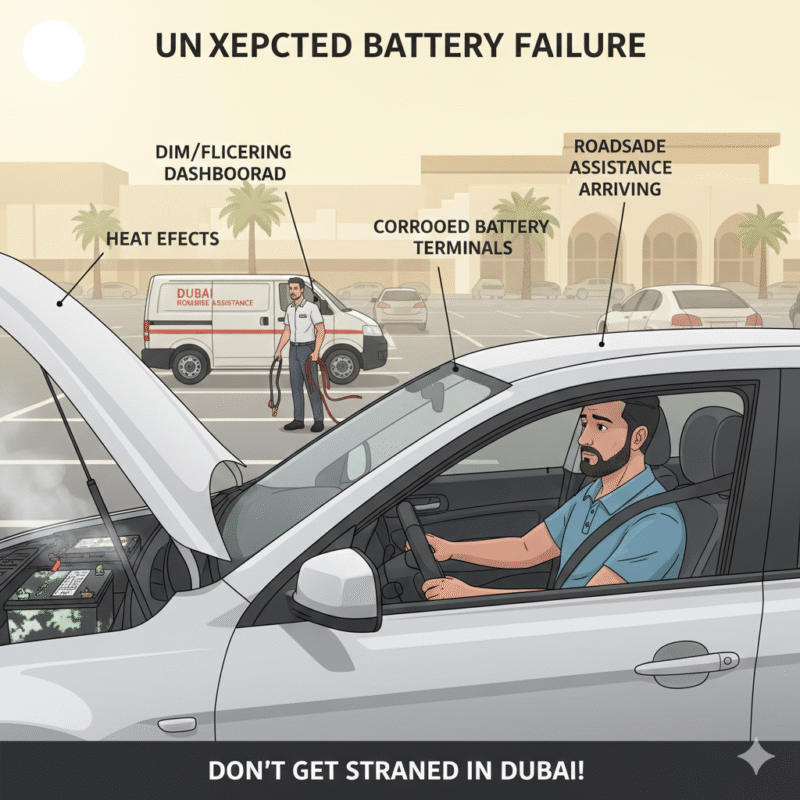 Car battery failed unexpectedly Dubai, driver trying to start car, dim dashboard, roadside assistance van arriving, heat effects visible, educational scene.