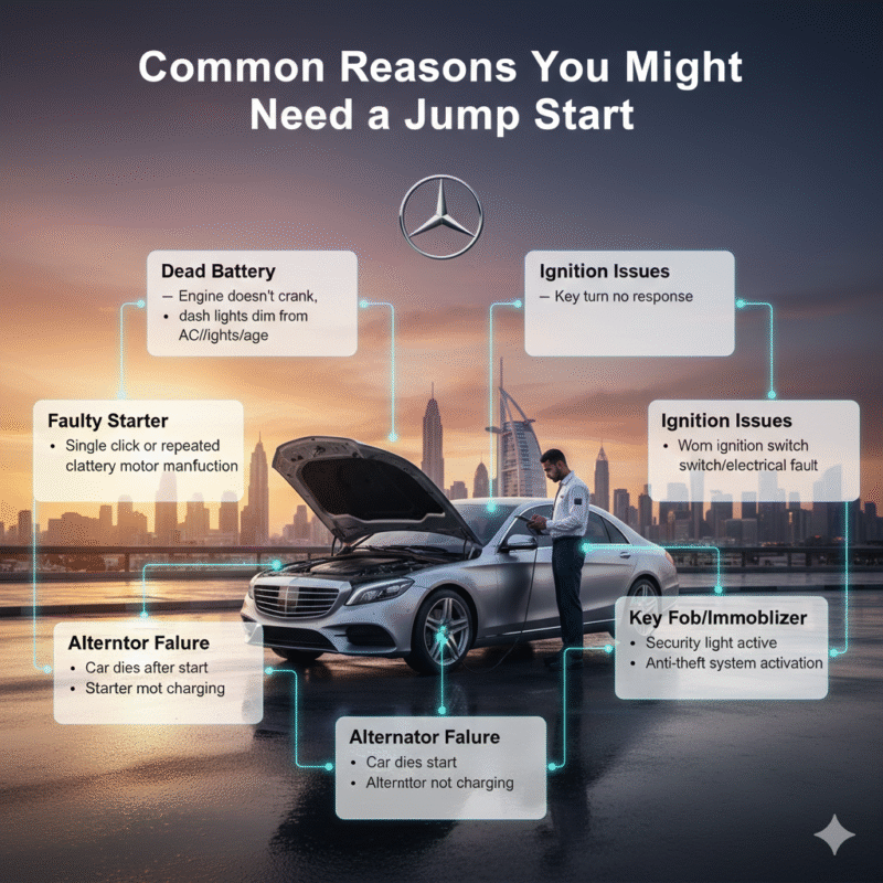 Luxury car stalled in Jumeirah with roadside technician, infographic showing common reasons for jump start including battery, starter, alternator, ignition, and immobilizer issues