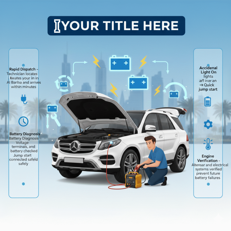 “Animated infographic-style feature image showing a luxury car in Al Barsha being jump-started by a technician, with side panels displaying step-by-step car jump start process and a dynamic title on top.”