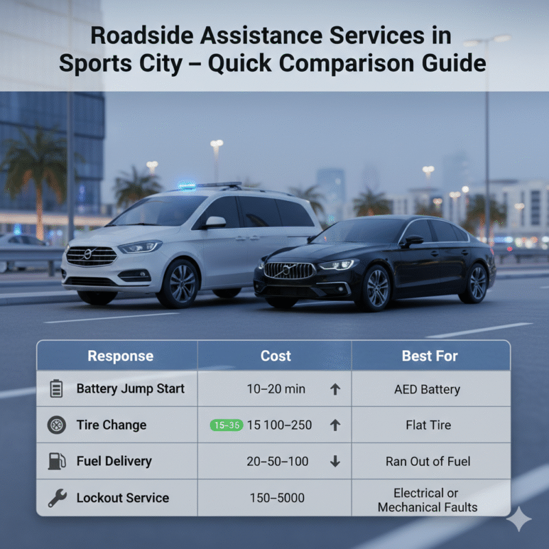 "Infographic comparing roadside assistance services in Sports City including response time, cost range, and best use cases."
