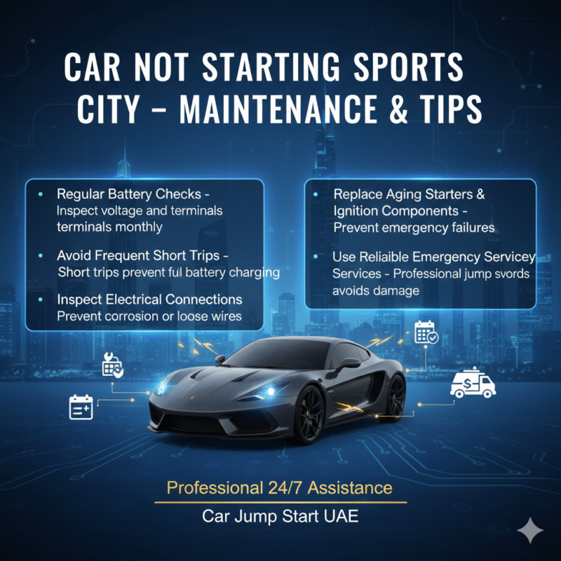 "User guide illustration for car not starting in Sports City showing maintenance tips on sides and an animated car illustration in the center with electrical icons."