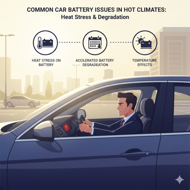 Car parked in hot Dubai parking lot with battery warning on dashboard, illustrating battery degradation due to extreme heat causing car dead after work.