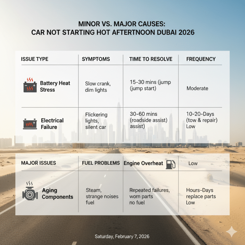 Infographic table showing battery heat stress, electrical failure, engine overheat, fuel pump issues, and aging components as causes of car not starting hot afternoon Dubai 2026