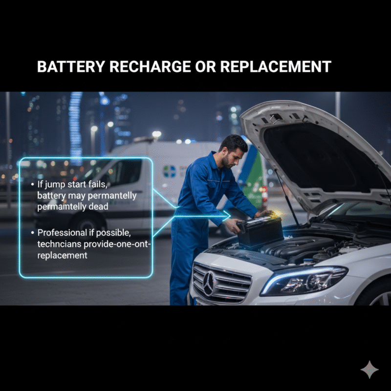 Infographic showing battery recharge and replacement process with key points including on-site replacement and permanent battery failure