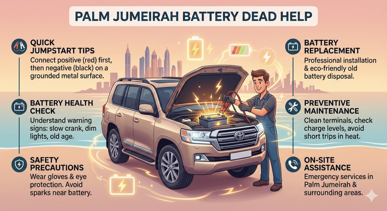 “Palm Jumeirah Battery Dead Help user guide image showing animated car in center with title on top and key points space on sides, modern infographic style.”