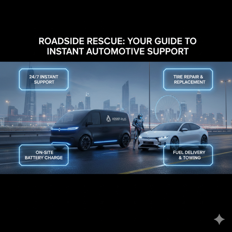 Emergency jump start guide image showing professional roadside battery assistance in JBR Dubai with key safety tips and vehicle recovery highlights