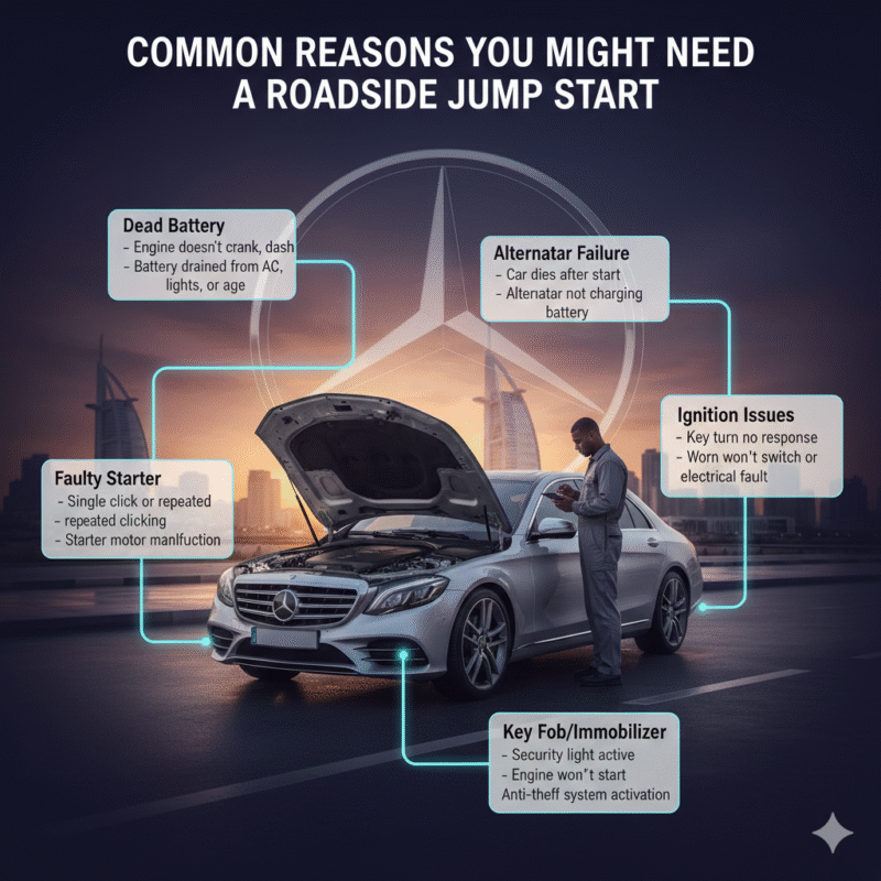 Luxury car stalled on Jumeirah street with roadside technician, infographic showing common reasons for roadside jump start including dead battery, faulty starter, alternator failure, ignition issues, and key fob/immobilizer