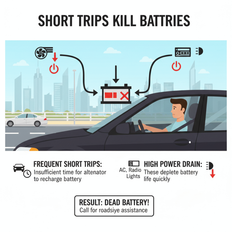 Illustration of a car battery died after short trips in Dubai, showing dim dashboard lights, AC and electronics load, and driver attempting to start the car