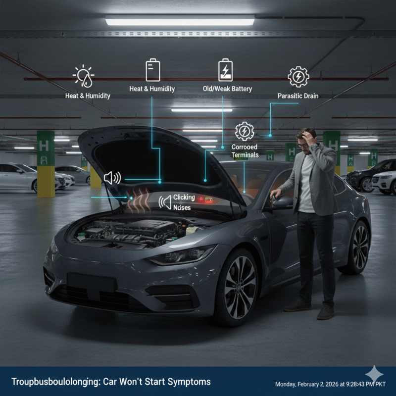 Driver trying to start a car with dim dashboard lights and unresponsive key fob in underground Dubai parking garage.