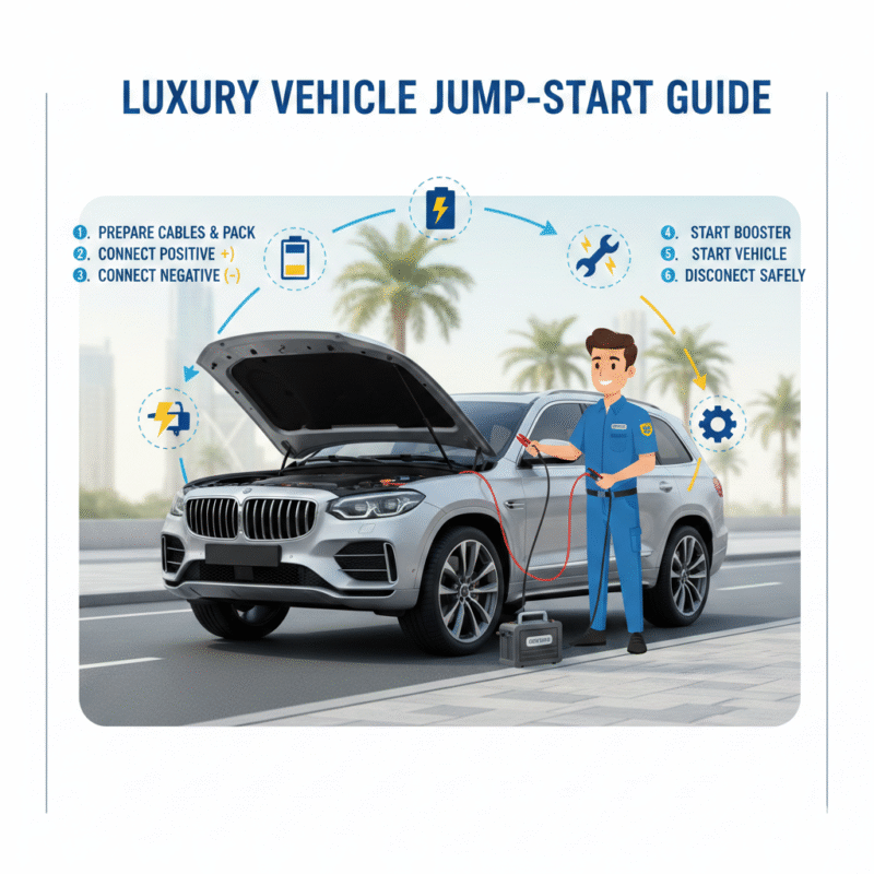 “Animated infographic-style feature image showing a luxury car being jump-started by a technician, with side panels displaying key points and a dynamic title on top.”