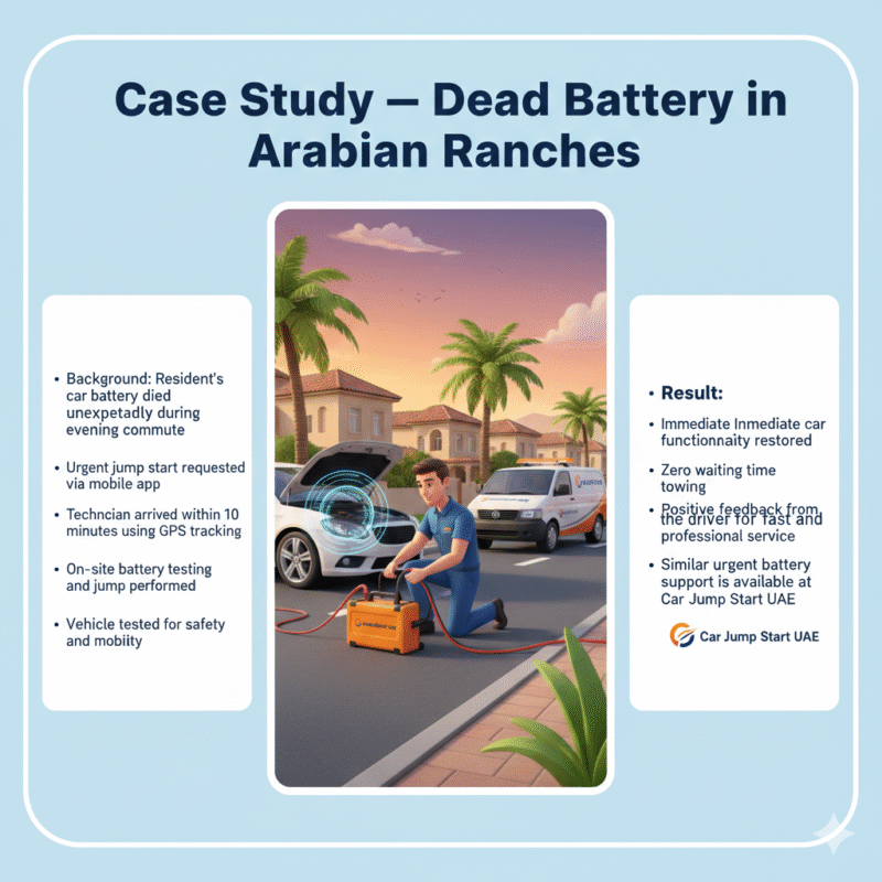 "Animated 3D illustration showing a technician performing an urgent jump-start on a car in Arabian Ranches, with side spaces for case study points and Car Jump Start UAE branding."