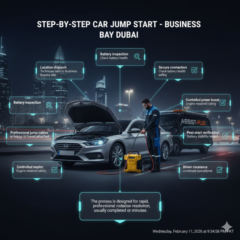 Infographic showing step-by-step car jump-start service process in Business Bay Dubai with central technician scene and animated side panels