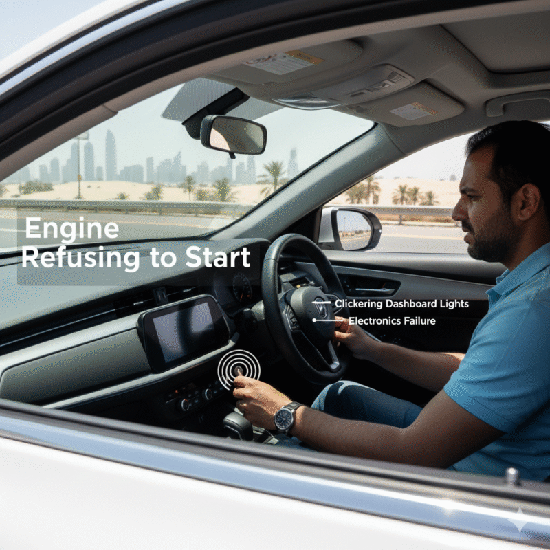Car stranded in Dubai heat with dashboard flickering, engine not cranking, and clicking at ignition, illustrating car not starting hot afternoon Dubai 2026