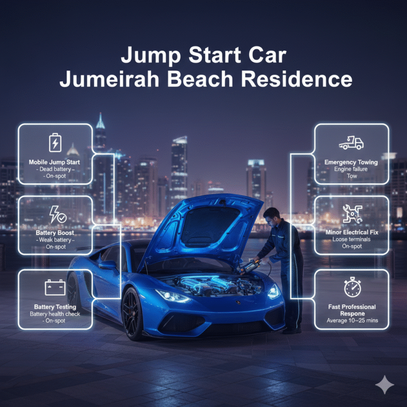 Luxury car in Jumeirah Beach Residence receiving professional jump start from technician, with key service points highlighted
