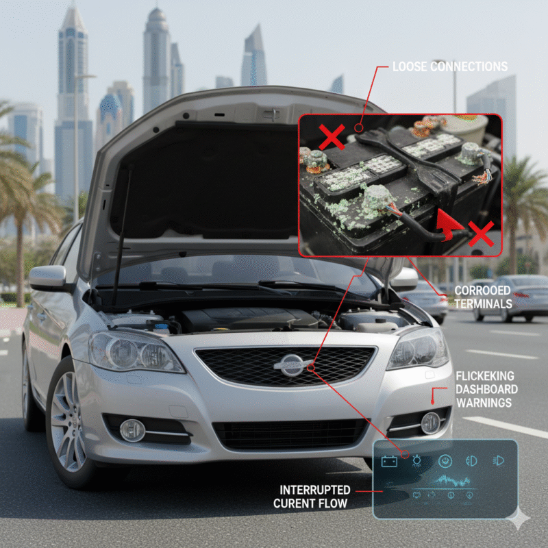 Illustration of corroded and loose battery terminals causing a car battery to fail during errands in Dubai.
