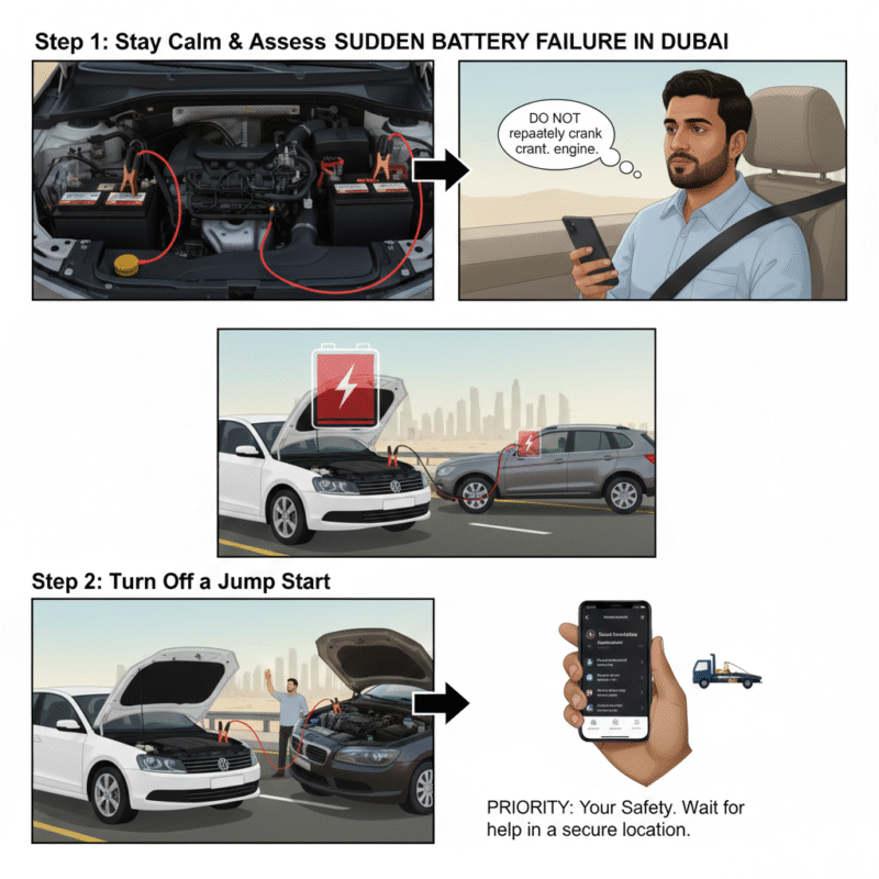 Driver performing emergency jump start, calling roadside assistance, and avoiding repeated cranking during battery failed without warning Dubai